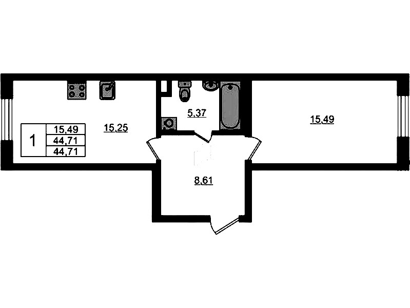 1-комнатная квартира 44.71 м², 1/4 эт., ЖК «Новая история»